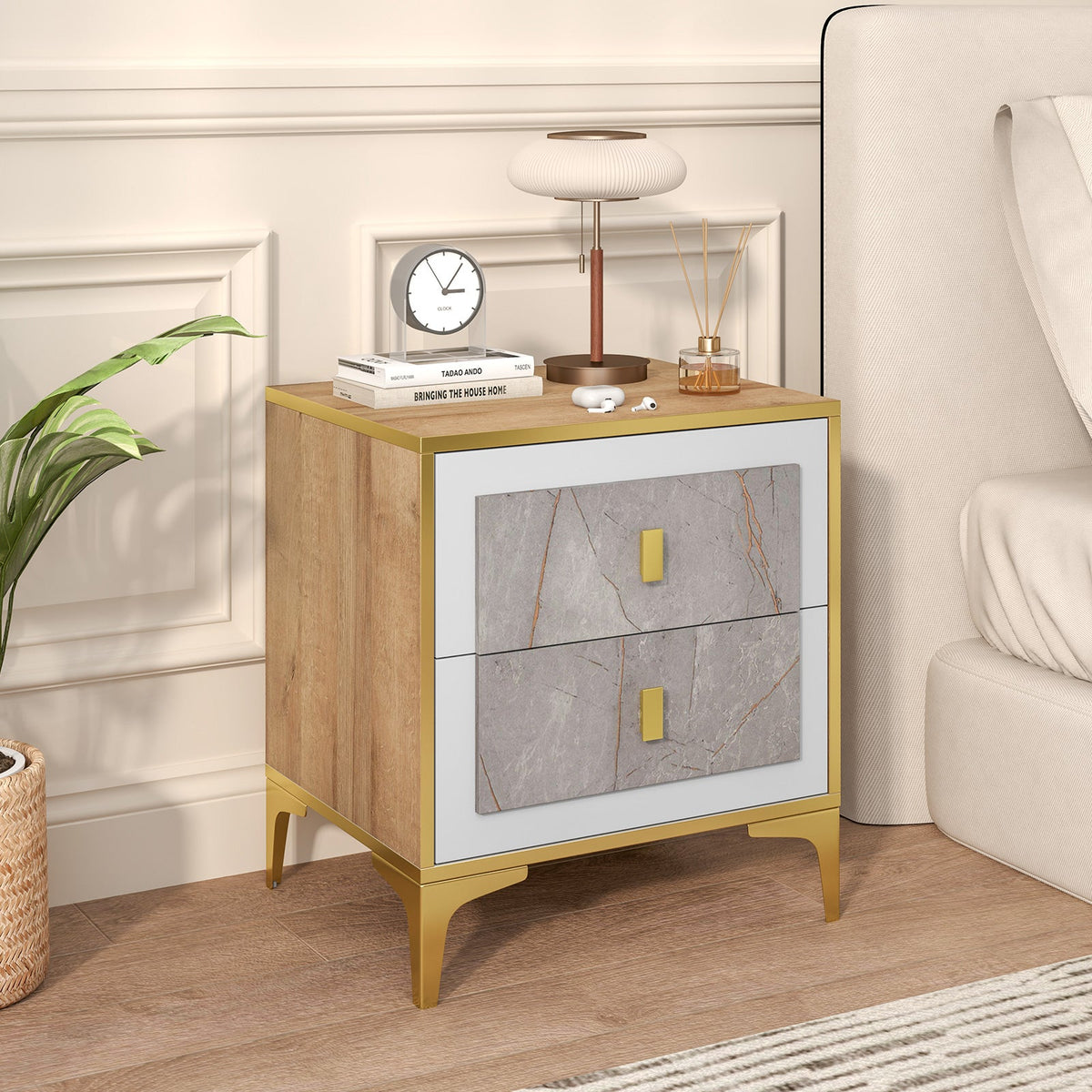 Marble-Pattern 2-Drawer Nightstand