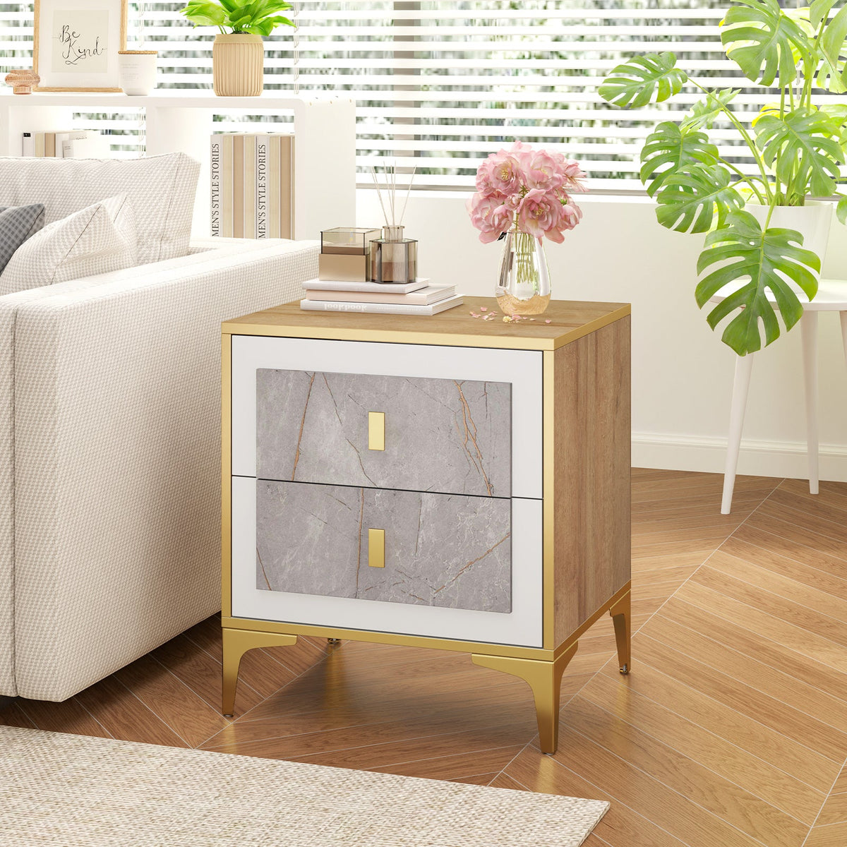 Marble-Pattern 2-Drawer Nightstand