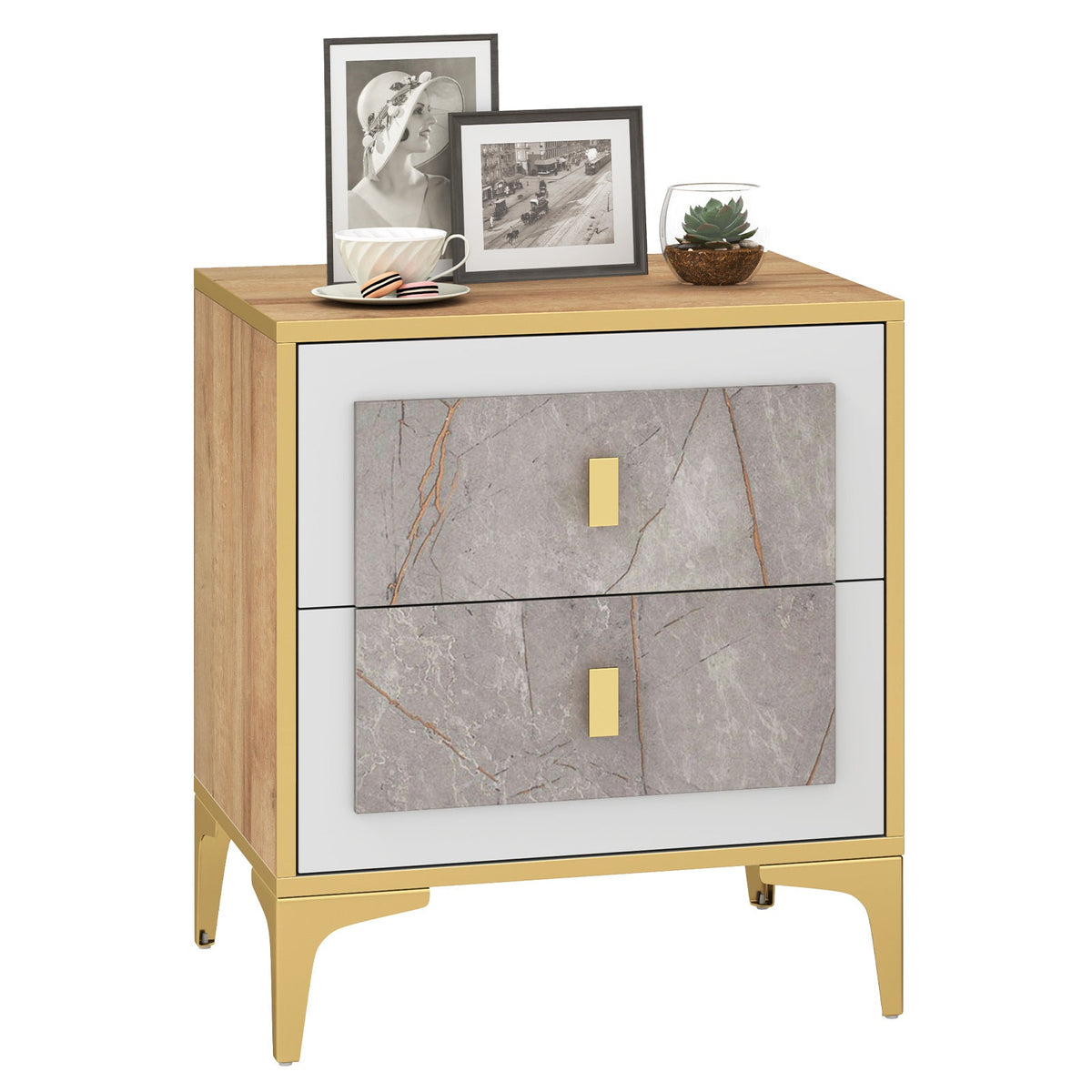 Marble-Pattern 2-Drawer Nightstand