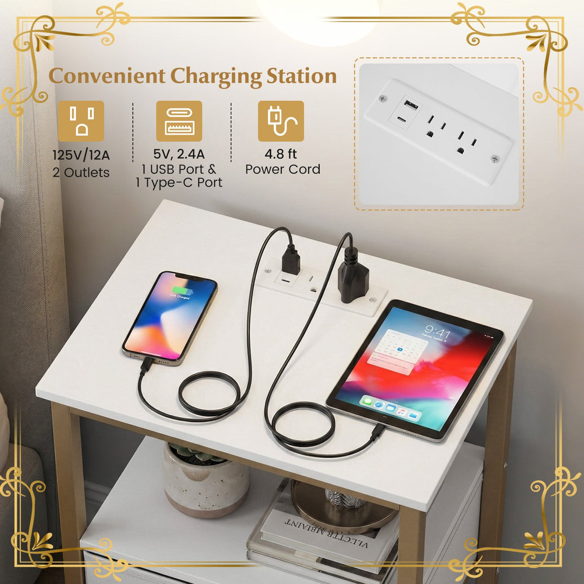 Nightstand with Charging Station & Adjustable Fabric Drawer
