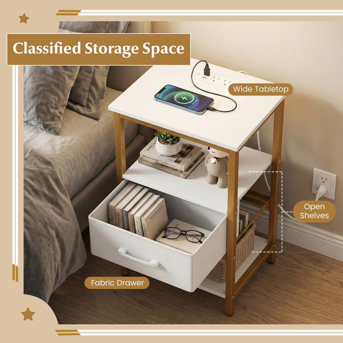 Nightstand with Charging Station & Adjustable Fabric Drawer