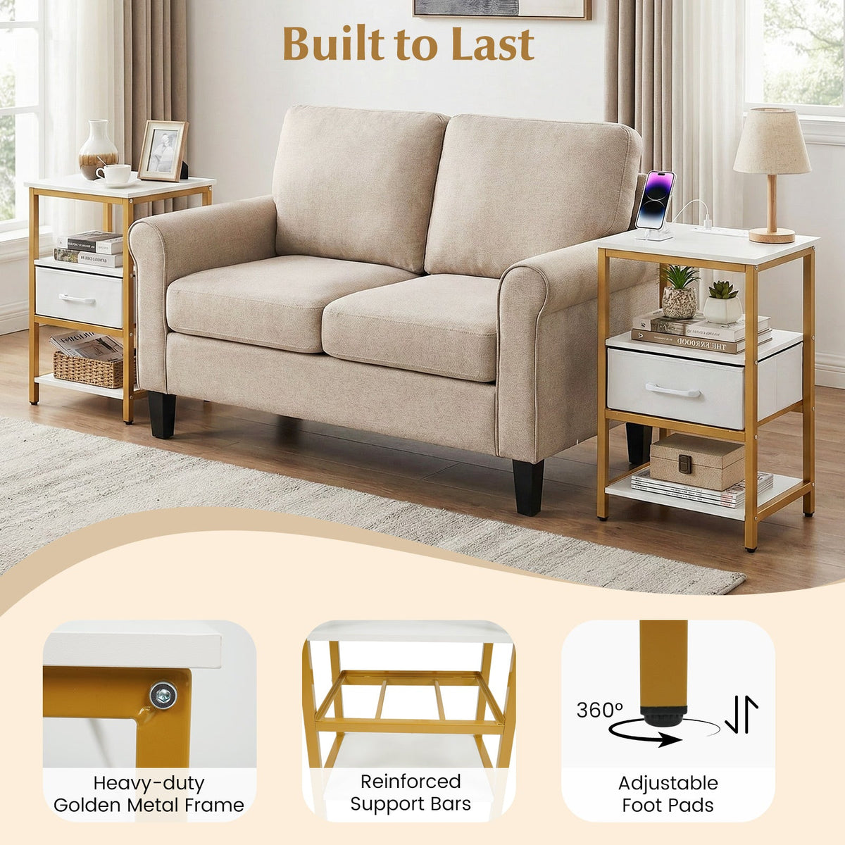 Nightstand with Charging Station & Adjustable Fabric Drawer