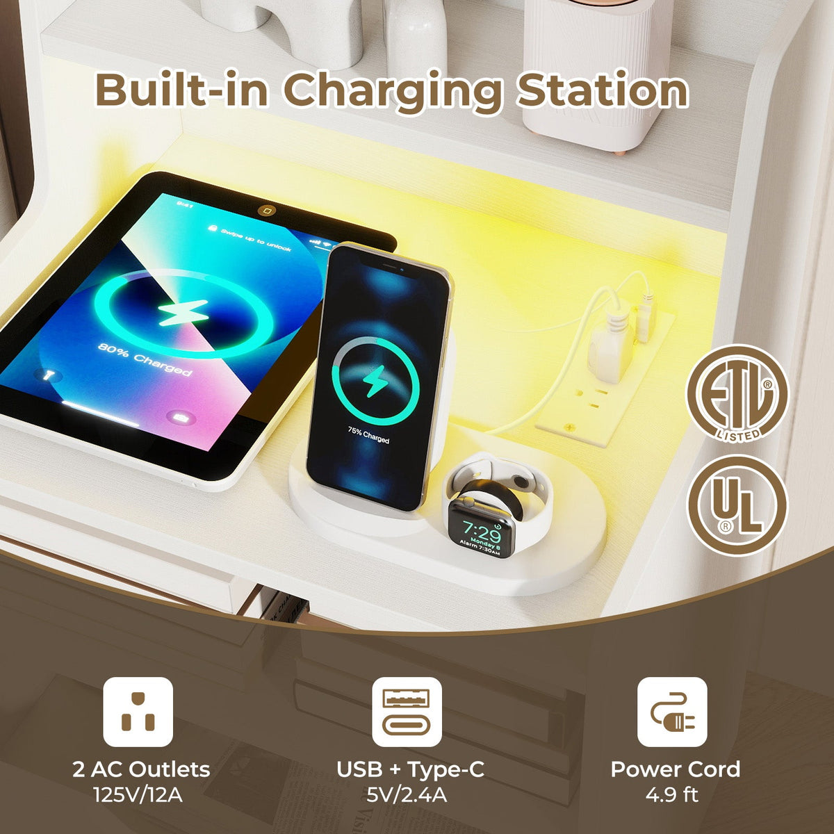 LED Nightstand with Charging Station