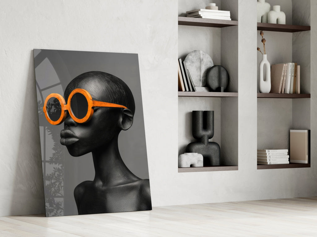 Orange Round Sunglasses Gray Portrait Glass Wall Art