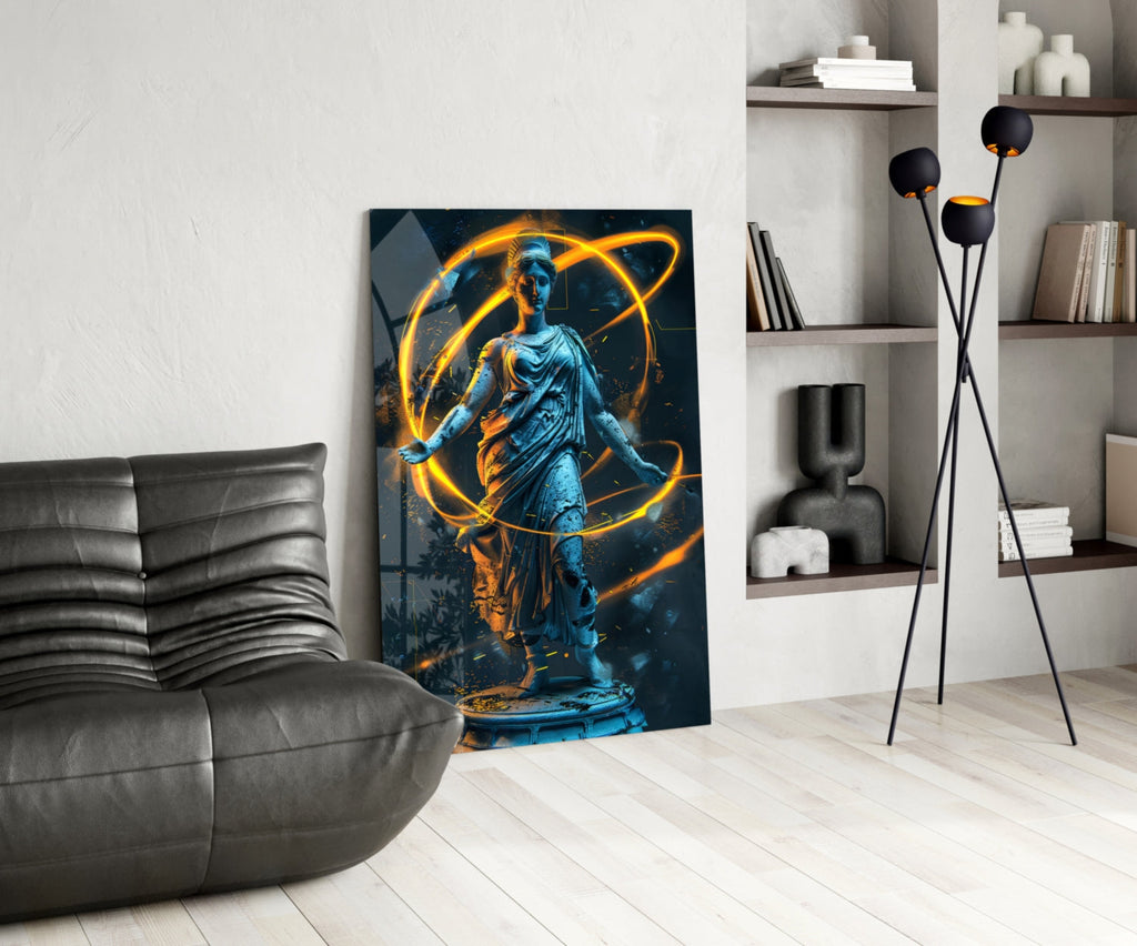 Blue Goddess Statue Gold Neon Rings Glass Wall Art