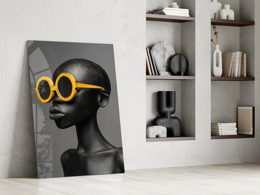 Yellow Round Sunglasses Gray Portrait Glass Wall Art