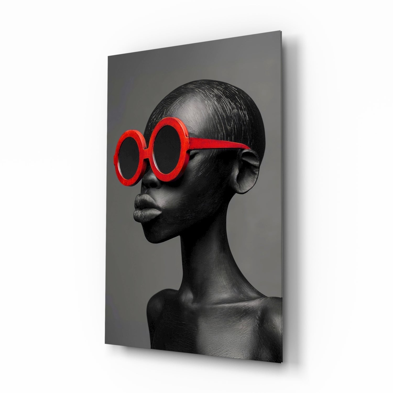 Red Round Sunglasses Gray Portrait Glass Wall Art