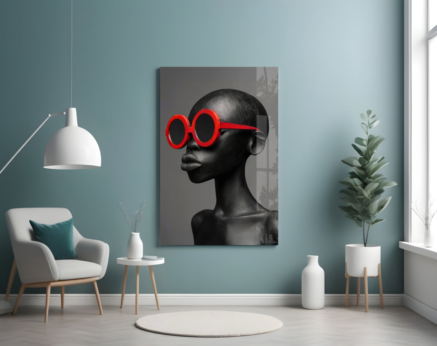 Red Round Sunglasses Gray Portrait Glass Wall Art