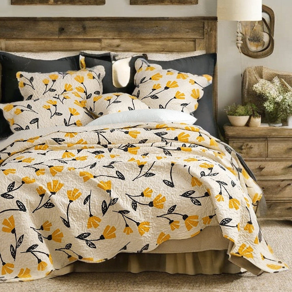 DaDa Bedding Yellow Fleur Floral Quilt Set