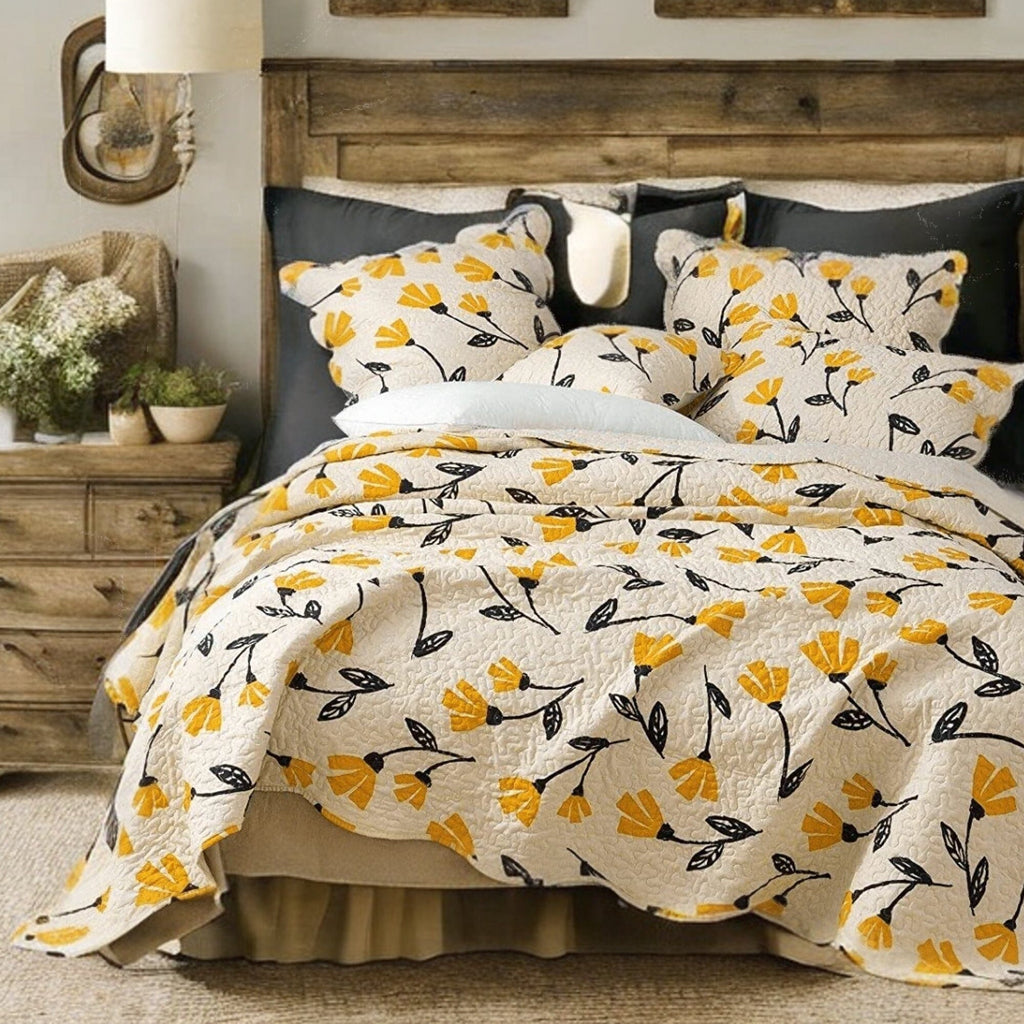 DaDa Bedding Yellow Fleur Floral Quilt Set