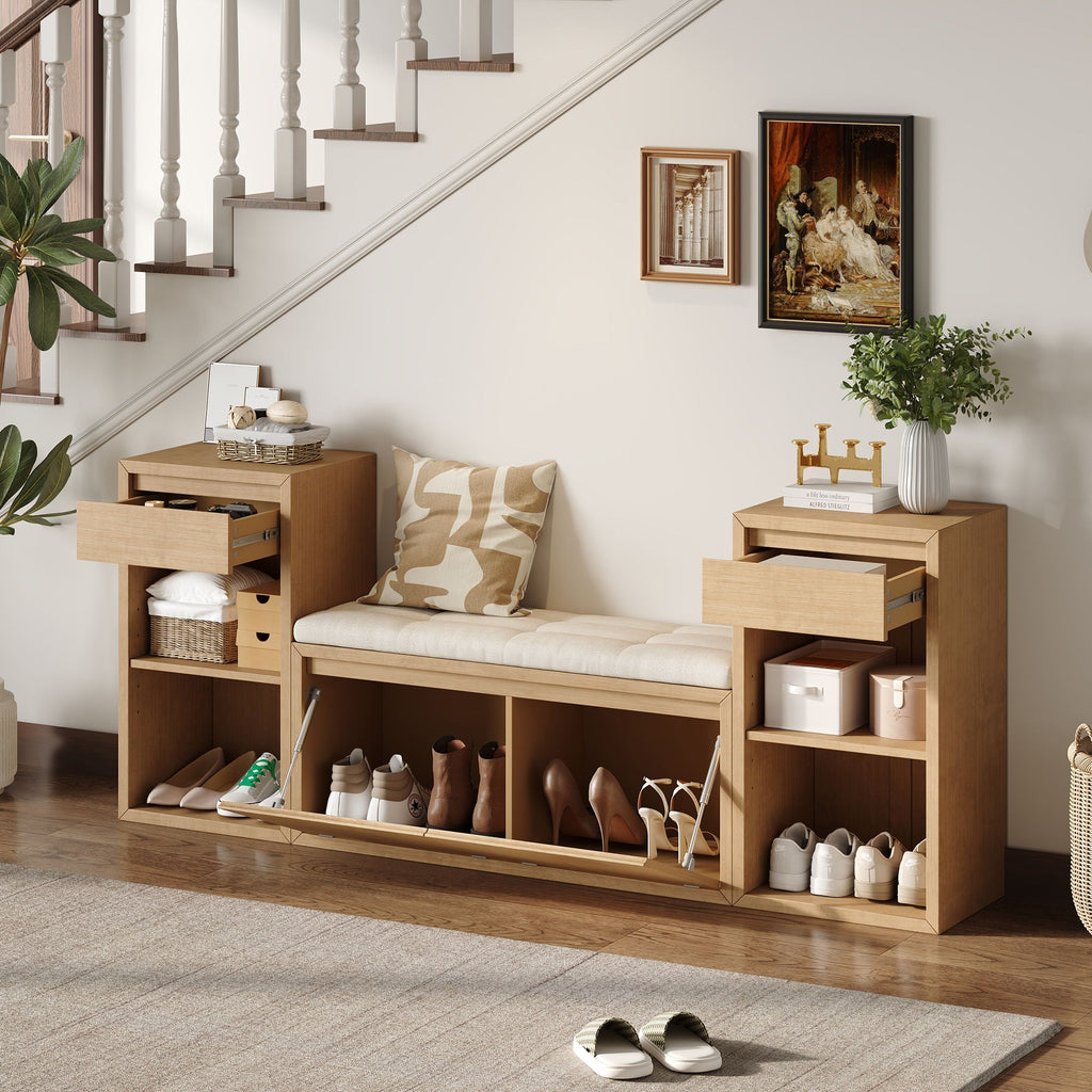 Entryway Storage Bench with Cushion, Drawers & Open Shelves