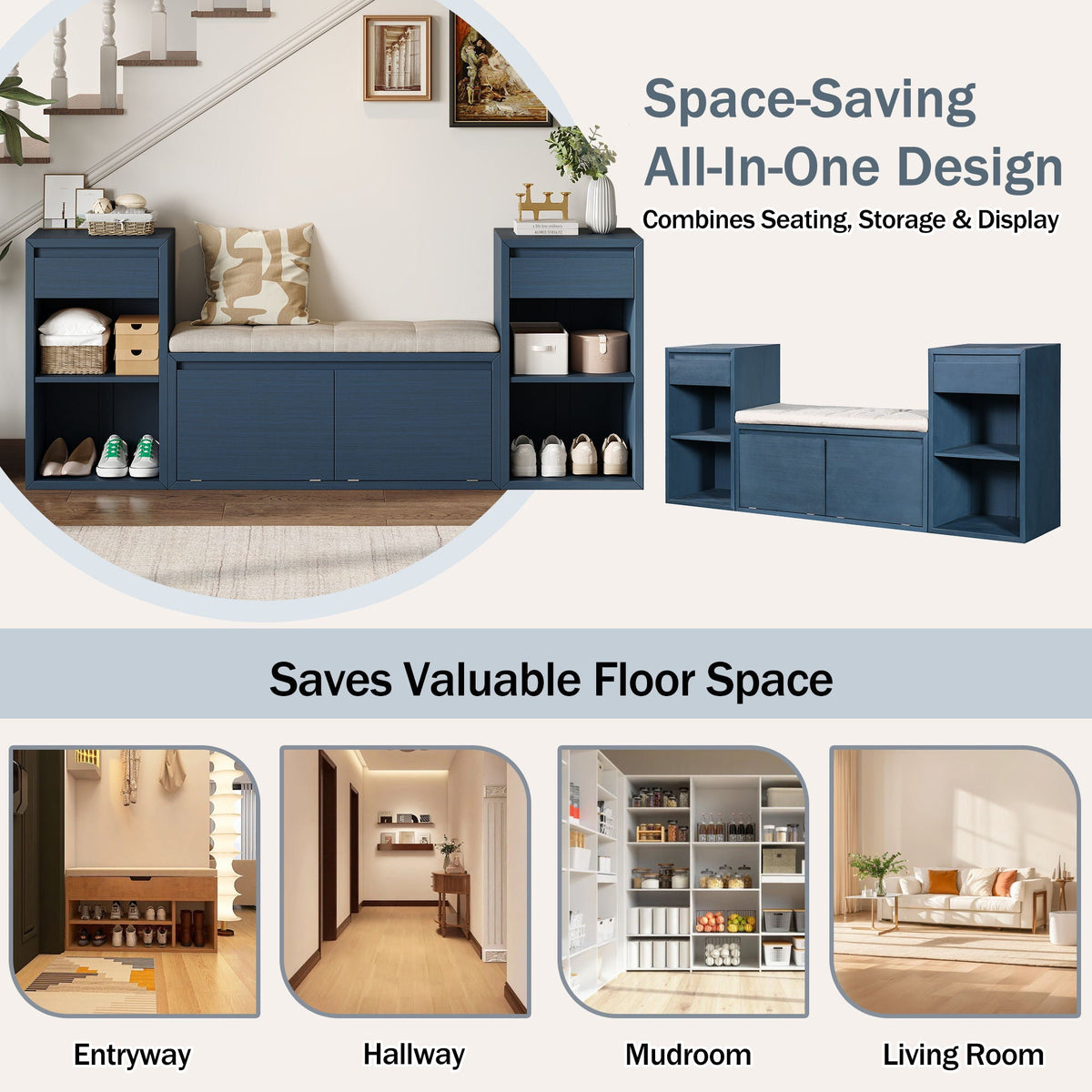 Entryway Storage Bench with Cushion, Drawers & Open Shelves
