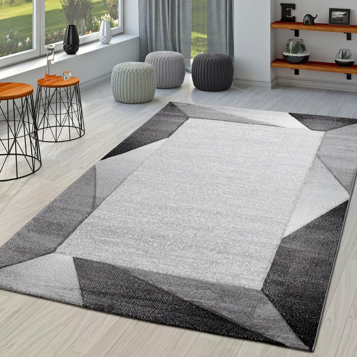 Madeira Geometric Border Area Rug – Gray