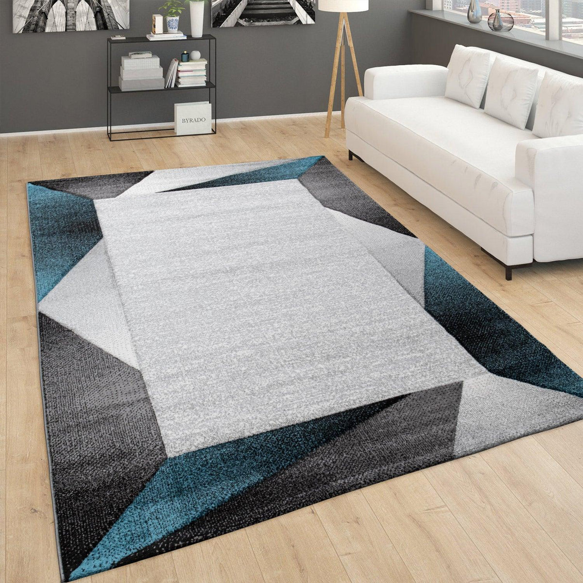 Madeira Geometric Border Area Rug – Gray & Blue