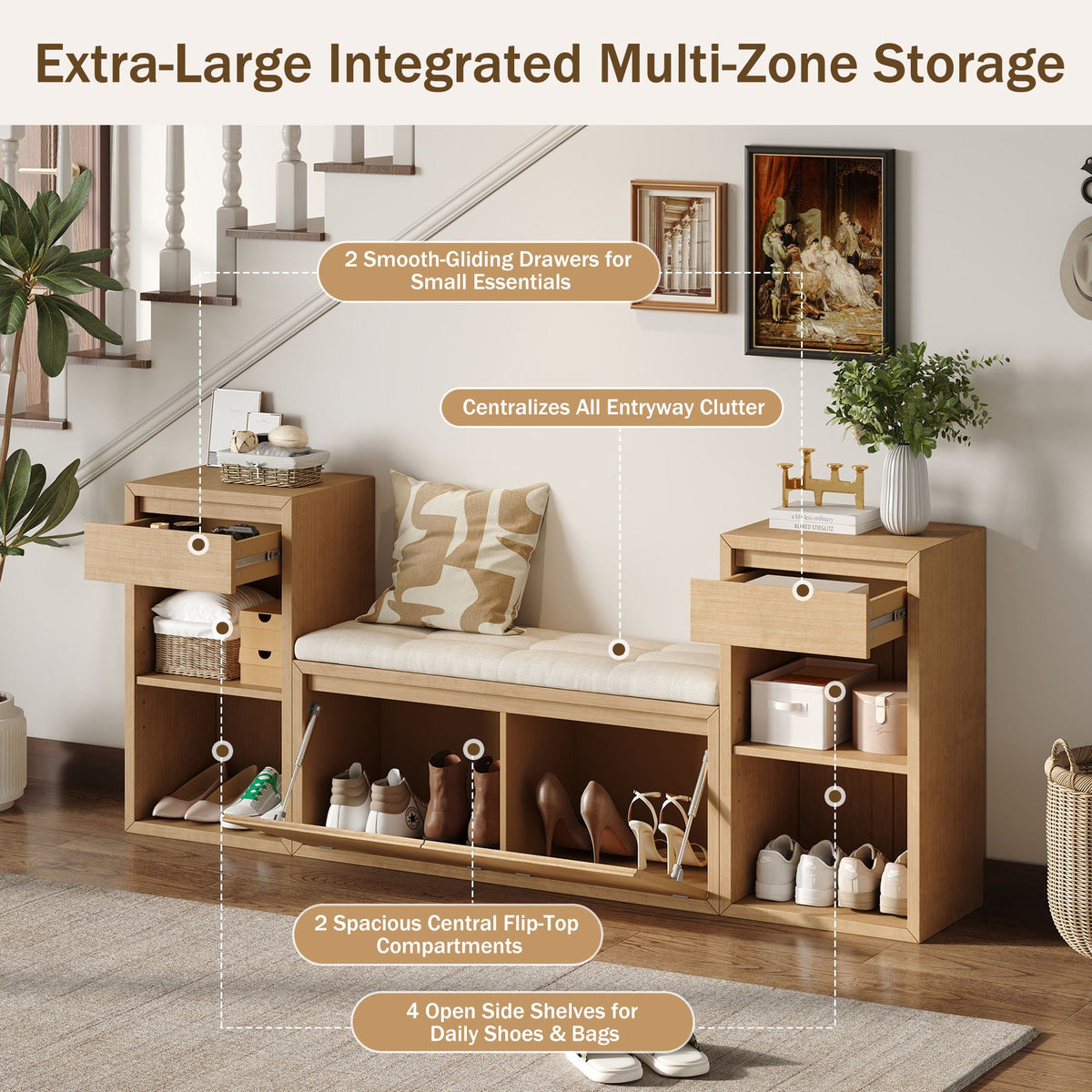 Entryway Storage Bench with Cushion, Drawers & Open Shelves