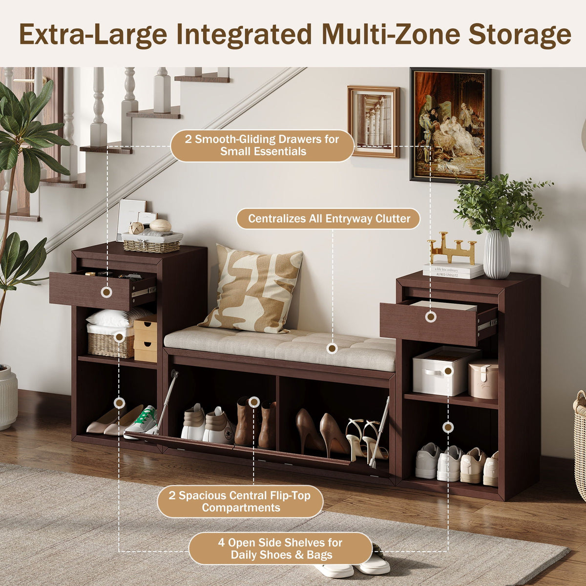 Entryway Storage Bench with Cushion, Drawers & Open Shelves