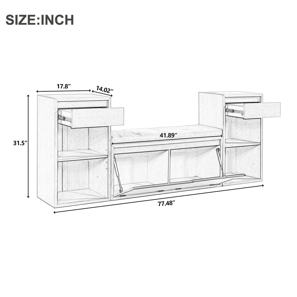 Entryway Storage Bench with Cushion, Drawers & Open Shelves