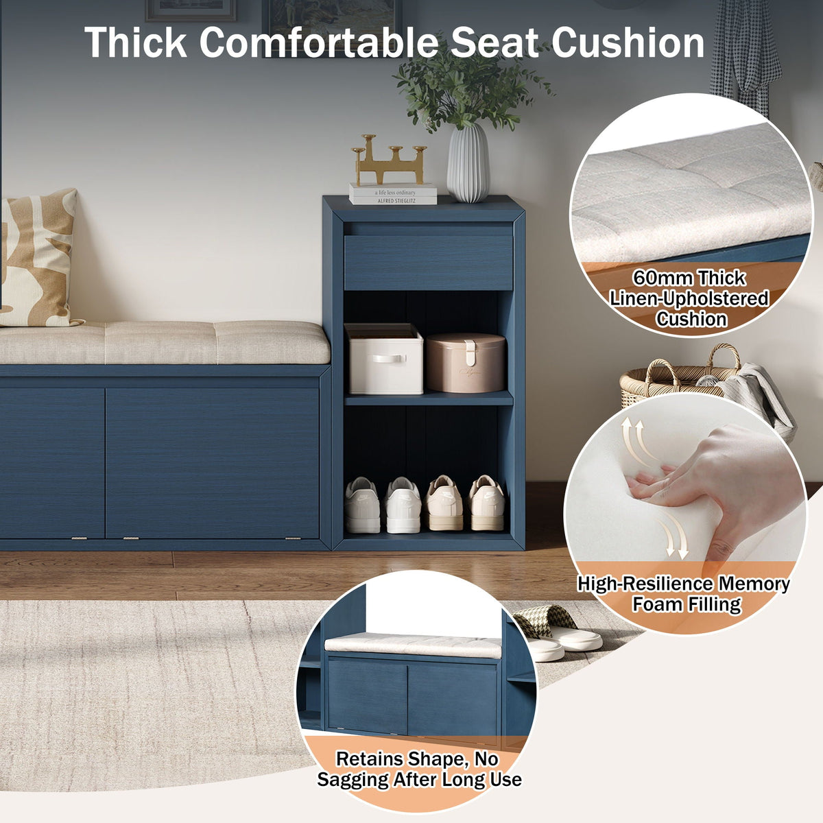 Entryway Storage Bench with Cushion, Drawers & Open Shelves