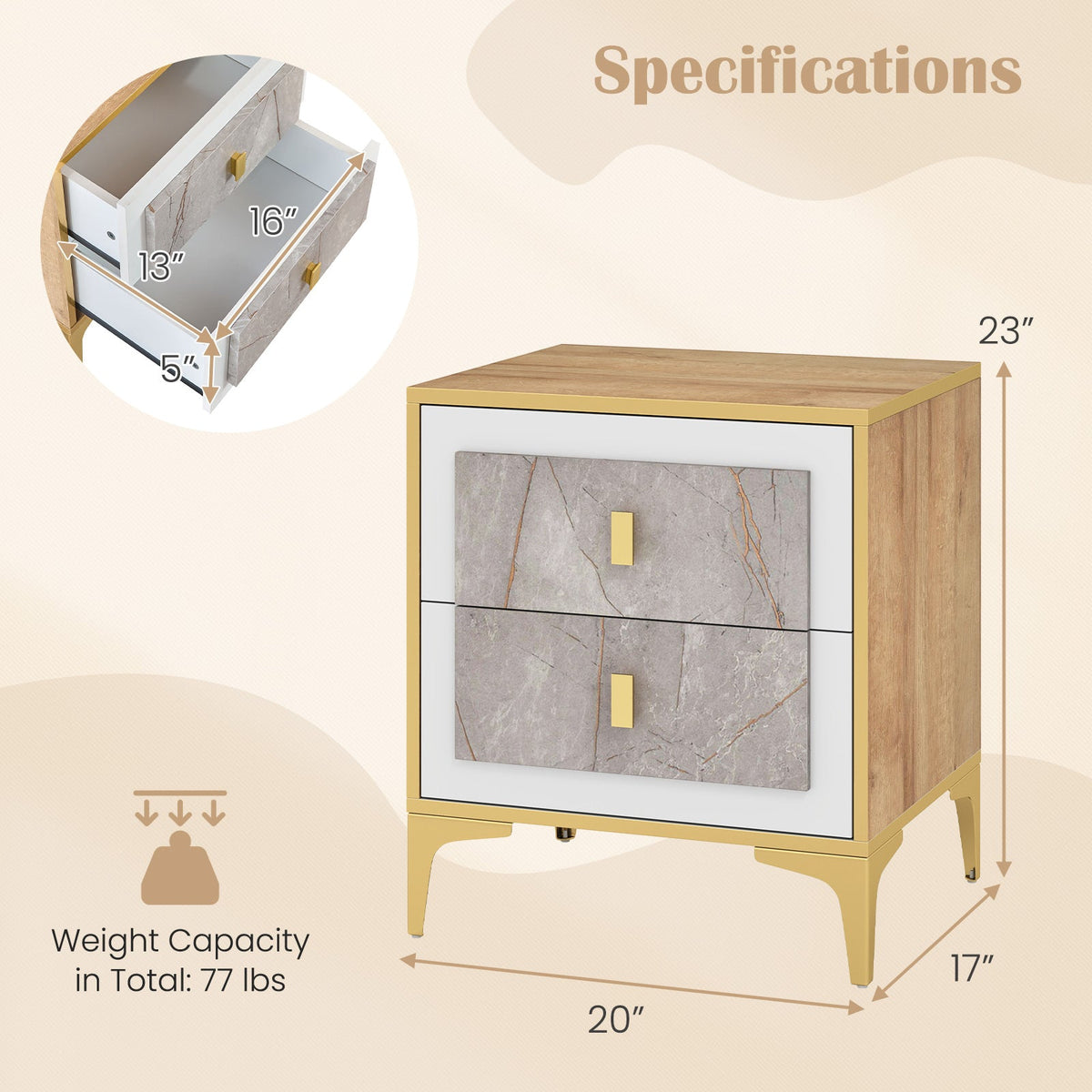 Marble-Pattern 2-Drawer Nightstand