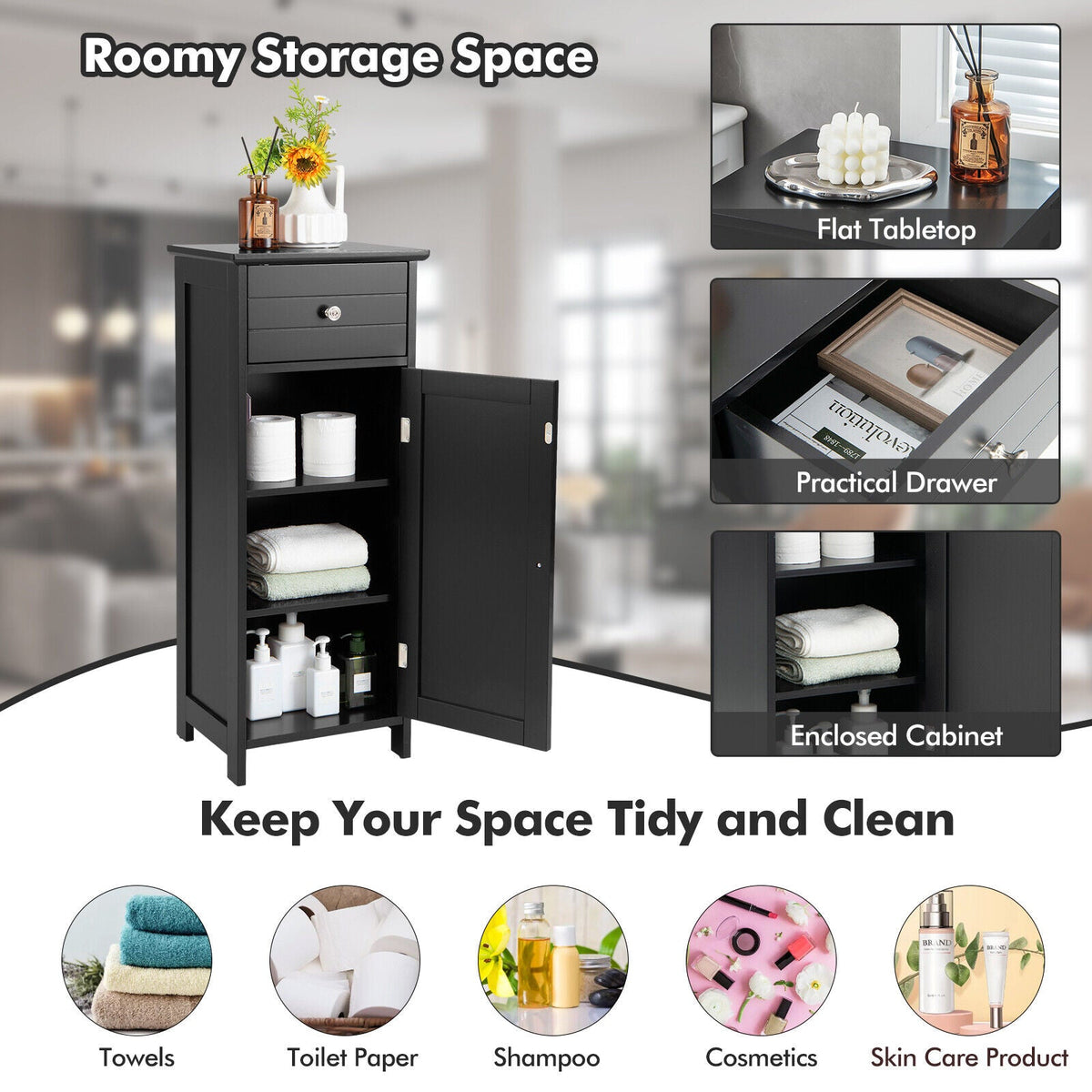Bathroom Storage Cabinet with Drawer & Adjustable Shelf