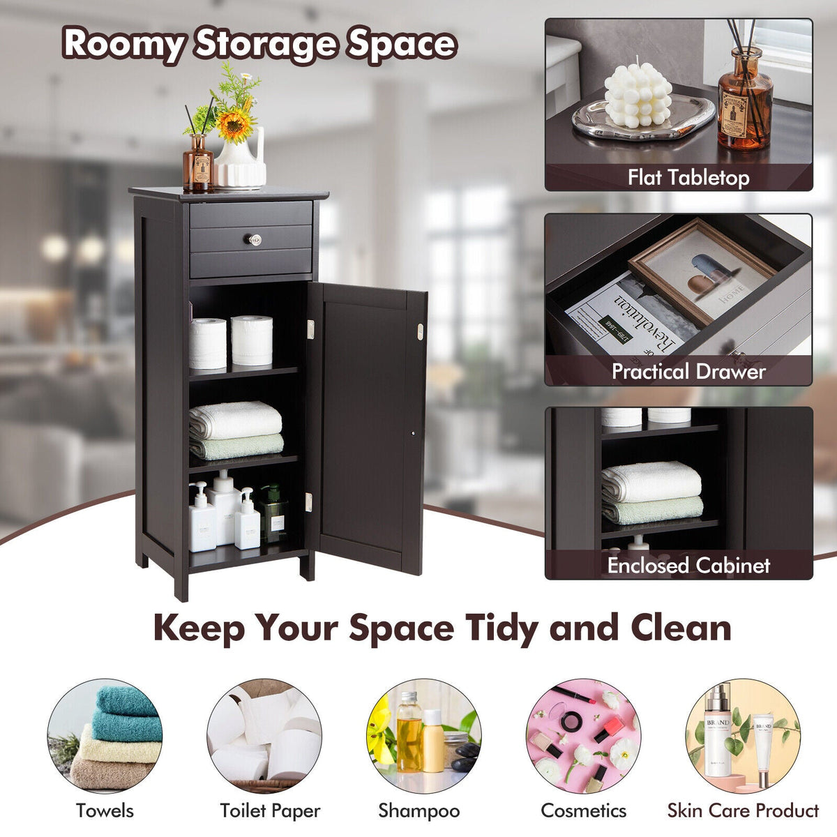 Bathroom Storage Cabinet with Drawer & Adjustable Shelf