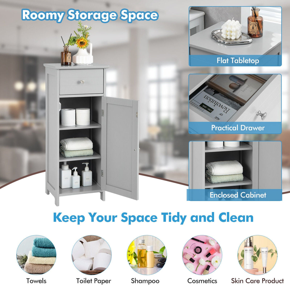 Bathroom Storage Cabinet with Drawer & Adjustable Shelf