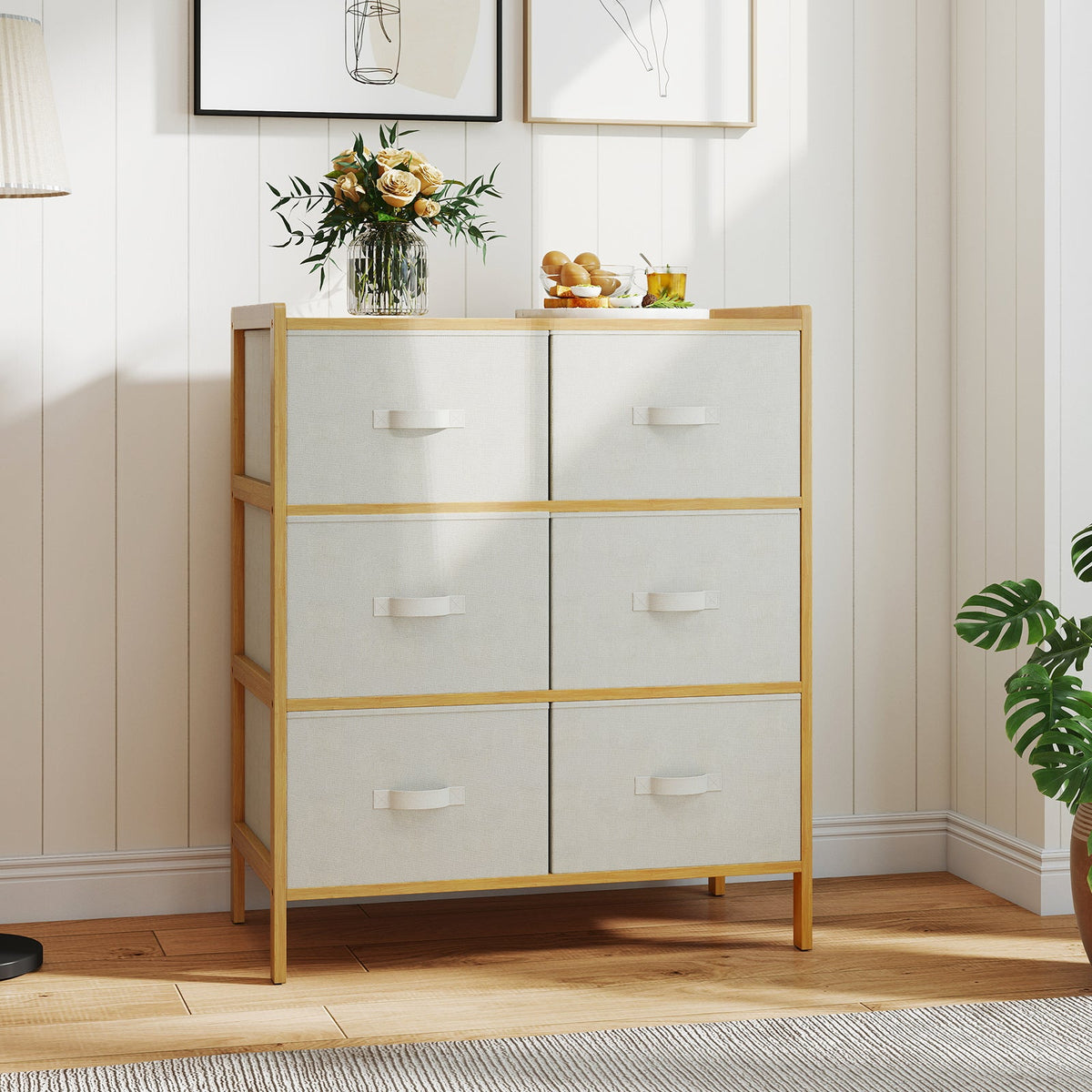 Bamboo Dresser with 6 Fabric Drawers – Natural