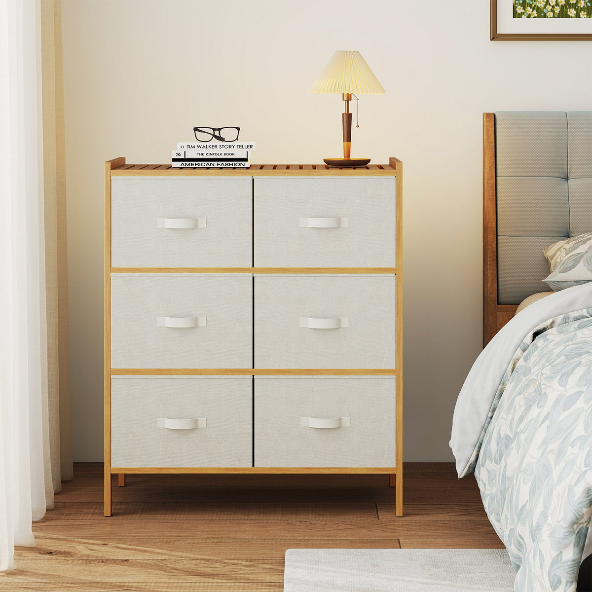 Bamboo Dresser with 6 Fabric Drawers – Natural